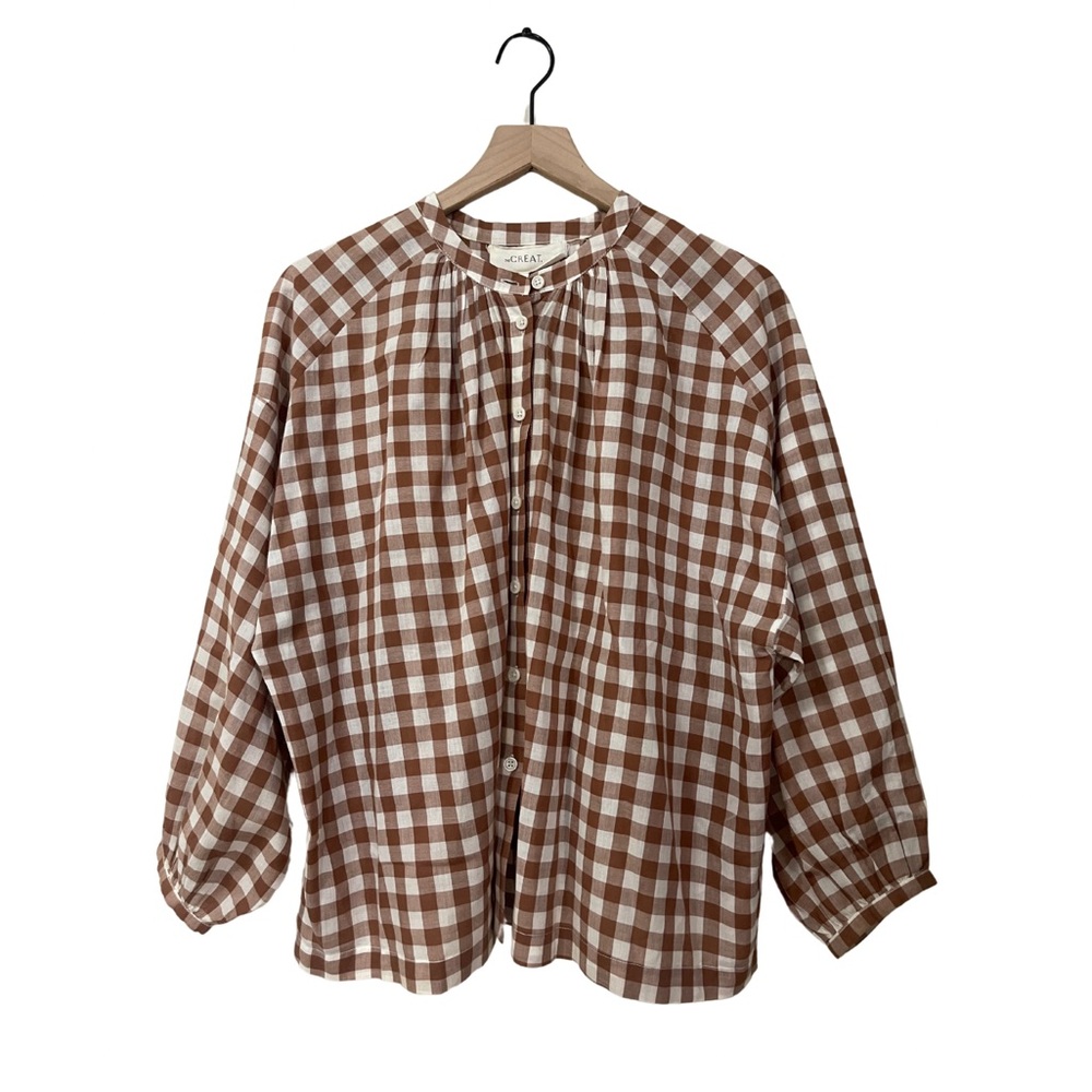 SOLD The Great. Brown and White Checkered Oversize Puff Sleeve Relaxed Blouse